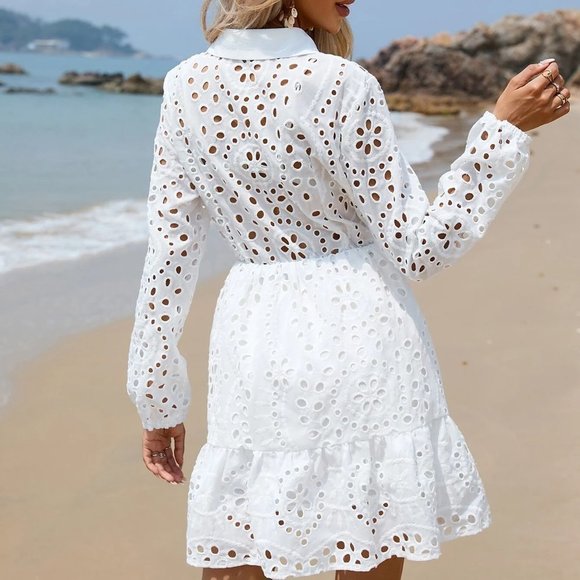 White Boho Womens Eyelet Embroidery Ruffle Hem Shirt Dress - Picture 2 of 5